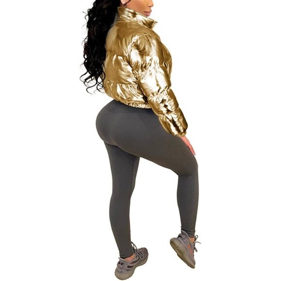 Women's Shiny Cropped Puffer Long Sleeve Solid Color Stand Neck Winter Down Coat - Picture 2 of 5